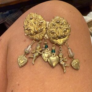 Vintage Gold Angel Heart Drop Earrings